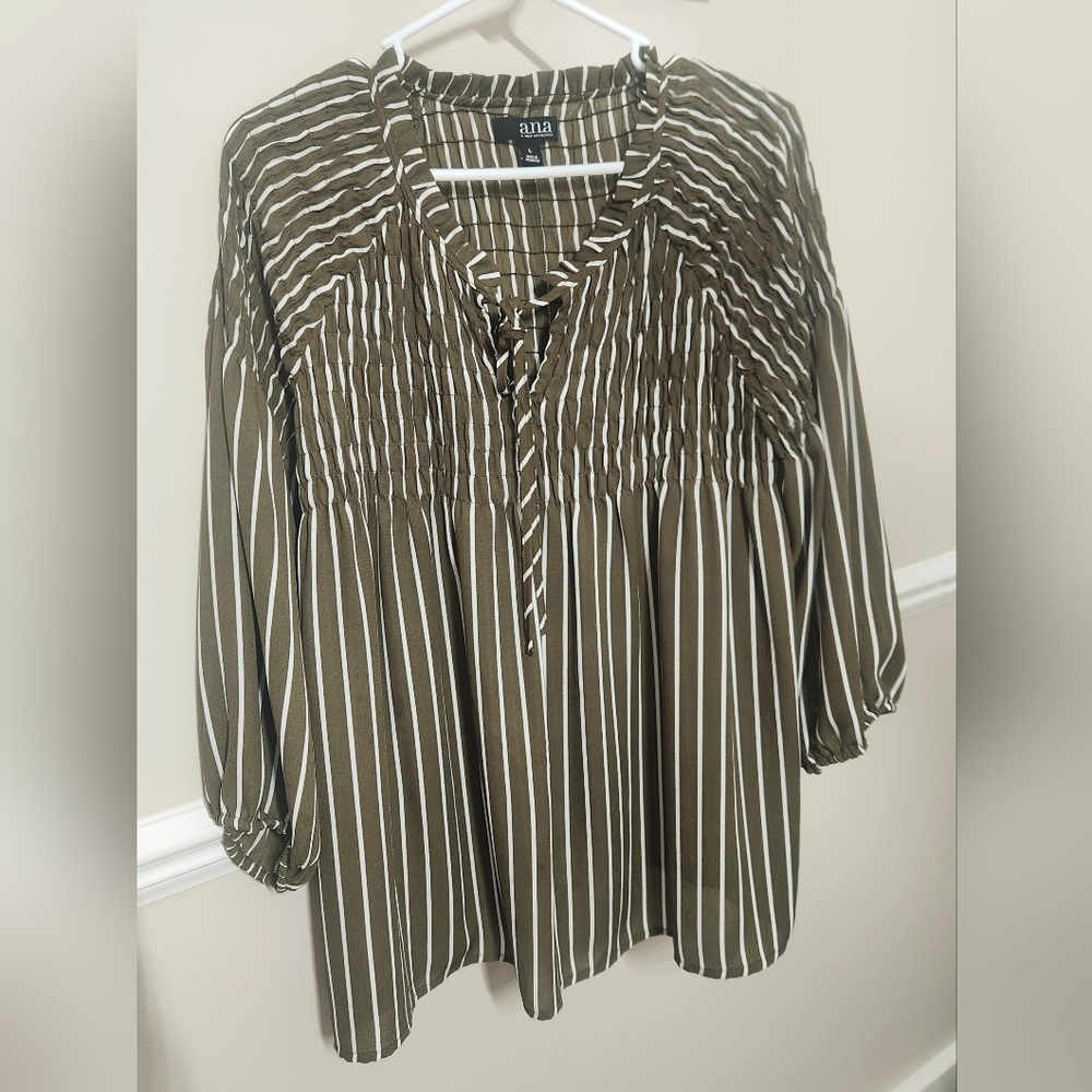 a.n.a Blouse with smocking & tie detail elastic 3/4 length sleeve